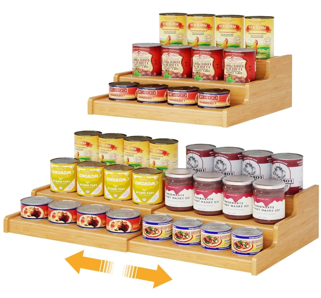 Expandable Bamboo Can Rack Organizer for Pantry 3 Tier Adjustable Can Storage Holder Soda Organizer Holds Up to 24 Cans Canned goods Storage Display for